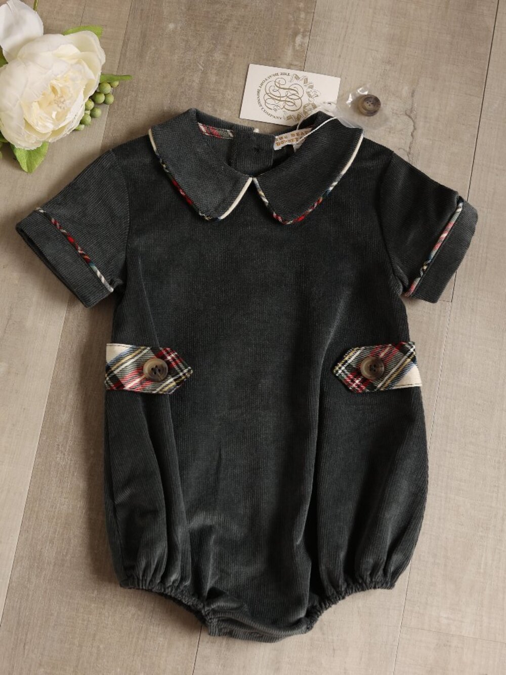 Boy's Charcoal Gray Corduroy Plaid Trim Bubble Beaufort Bonnet Co. NWT 6/12M